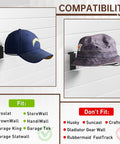 Slatwall Hat Holder With Metal Wire Display Rack showing compatibility for fit on slatwall boards with two hats displayed.