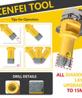 Front view: Diamond tile hole saw kit, 15pcs, 5/8-100mm; includes finger and chamfer bits, cutting discs; all-diamond layer.