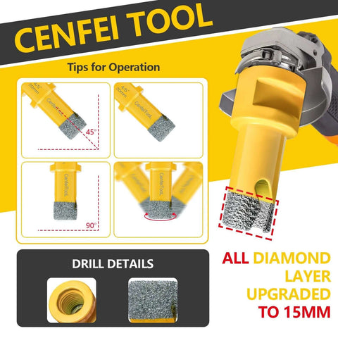 Front view: Diamond tile hole saw kit, 15pcs, 5/8-100mm; includes finger and chamfer bits, cutting discs; all-diamond layer.