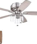 Magonia 52 Inch Flush Mount LED Ceiling Fan With Light and Pull Chain, reversible motor, 5 dual finish blades in nickel, farmhouse style.