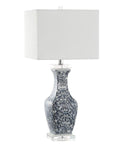 Blue And White Ceramic LED Table Lamp With Chinoiserie Hand Painted Pattern, Crystal Base And White Square Linen Shade