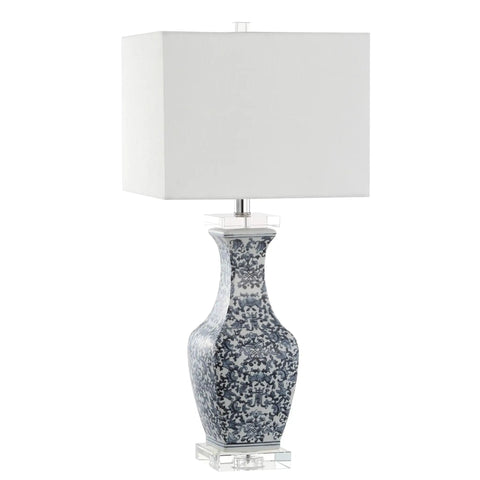 Blue And White Ceramic LED Table Lamp With Chinoiserie Hand Painted Pattern, Crystal Base And White Square Linen Shade