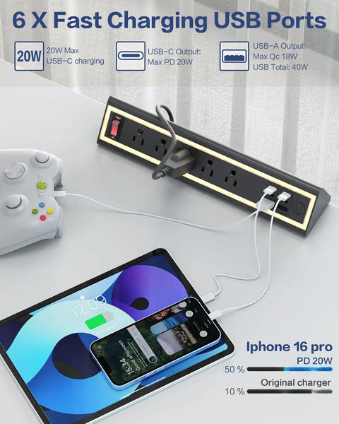 Space Saving Desk Clamp Power Strip With Night Light, 40W Fast Charging, 6ft Cord in use with phone and game controller