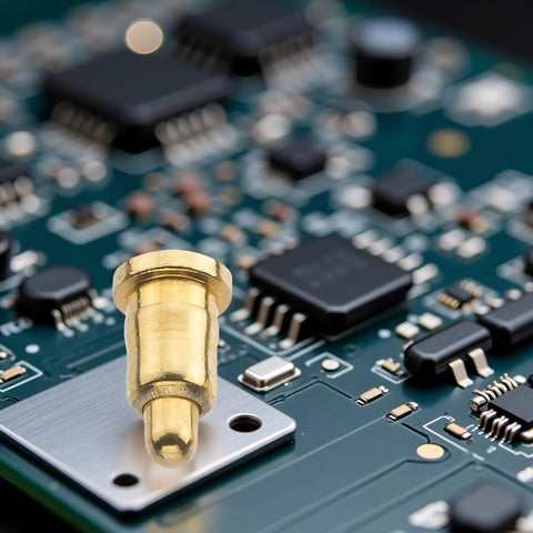 Heavy Duty Spring Loaded Contact Pin With Pointed Tip And 2 Amp Rating snaps snugly into a circuit board for secure connections.