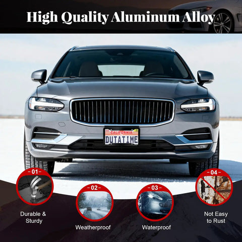 Gloss Black Heavy Duty License Plate Frames Set Of 2, Slick Aluminum Alloy Car Plate Holder Brackets With Screw Caps And Rattle Proof Pads For A Secure, Clean Look And Long Lasting Protection mounted on a gray car in front.