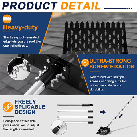 Close-up of heavy-duty serrated edge of Flex Grip Roof Cleanup Shovel With Segmented Adjustable Pole, showcasing perforations.