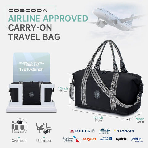 Airline Approved Personal Item Bag, Expandable 20-30L Weekender Duffel, black design, fits United 17x10x9 inch personal item limit