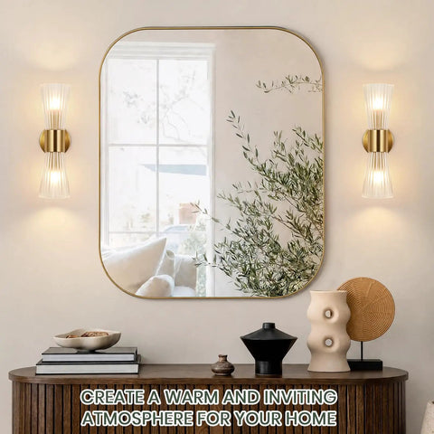 Modern Wall Sconce, Hardwired Wall Lamp for Bedroom Hallway Bathroom, Gold, displayed beside a mirror in a stylish home setting.
