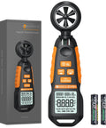 Anemometer Wind Meter With Backlit Display Pro Grade Handheld Gauge That Measures Wind Speed Airflow Humidity Temperature Plus Six Velocity Units And Max And Min Readings For HVAC Drone Sailing Fishing And Outdoor Use, handheld black-orange digital meter with batteries