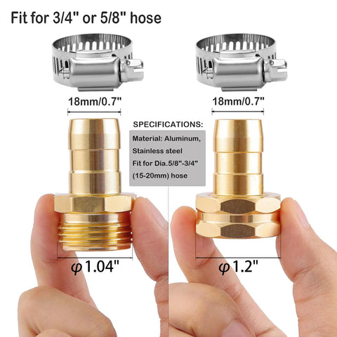 Five Pack Garden Hose Repair Connector Kit With Clamps For 3/4 Inch Or 5/8 Inch Hoses, showing brass connectors and metal clamps