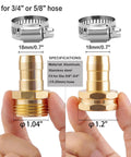 Four Pack Garden Hose Repair Connectors With Clamps For Three Quarters Inch Or Five Eighths Inch Hose Fittings Five Eighths Inch Barb To Three Quarters Inch GHT Adapters Aluminum Water Hose Repair Kit For No Fuss Leaks And Quick Fixes displayed with specifications and dimensions.