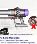 Dog Hair Vacuum Attachment For Vacuum Cleaners displayed with a strap lock for secure one-hand operation on a cordless model.