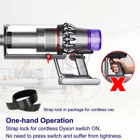 Dog Hair Vacuum Attachment For Vacuum Cleaners displayed with a strap lock for secure one-hand operation on a cordless model.