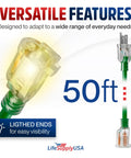 Close-up of Fifty Foot Tough As Nails Heavy Duty Indoor Outdoor Extension Cord with lighted end and visible plug.