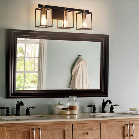 Industrial Style 3 Light Vanity Light Fixture In Black And Antique Brass With Metal Cage Frame Rustic Farmhouse Wall Sconce