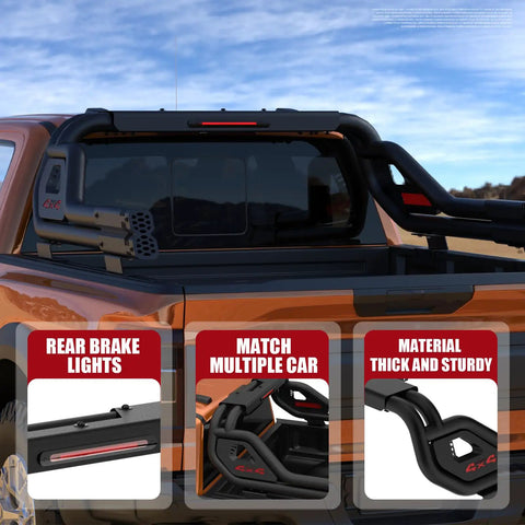 Heavy Duty Universal Truck Bed Roll Bars Adjustable Sport Chase Rack For Midsize Pickup Rigs, featuring black steel with rear brake lights.