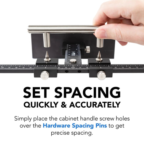 Hand using Cabinet Hardware Jig With Patent Pending True Calibration And Laser Engraved Rulers for accurate handle spacing