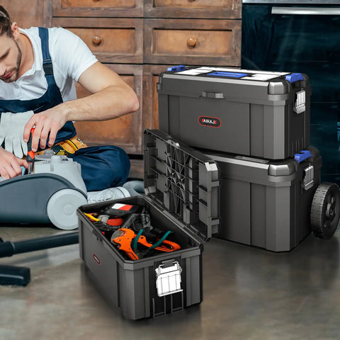 Rock Solid Roll Out Tool Box Set With Slick Ride Casters Stackable Three Piece Storage Rig Featuring 17 19 And 21 Inch Compartments For Dead Easy Shop Organization And Job Site Readiness