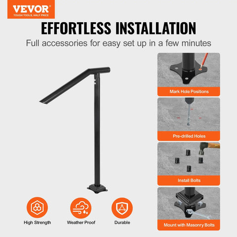 Rock Solid Floor Mounted Stair Handrail For 2 To 3 Steps And 36 Inch Wide Iron Step Railing With Smooth Curve Grip showing installation instructions.