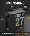 Dimension diagram of Snap Top Battery Containment Case For Group 27 12 Volt Cells with measurements labeled.