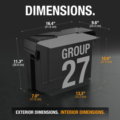 Dimension diagram of Snap Top Battery Containment Case For Group 27 12 Volt Cells with measurements labeled.