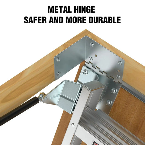 Retractable Attic Ladder For 7 Ft 8 In To 10 Ft 3 In Ceilings, metal hinge close-up on folding loft stairs