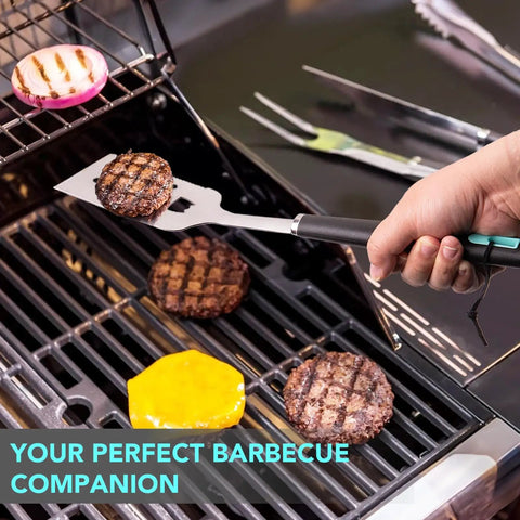 Backyard BBQ Essential 5 Piece Grill Tools Set With Heavy Duty Wire Brush Spatula Fork Tongs And Basting Brush For Outdoor Cooking Camping And Grilling Gift For Men Dad Grill Master Approved, spatula flipping burger on grill