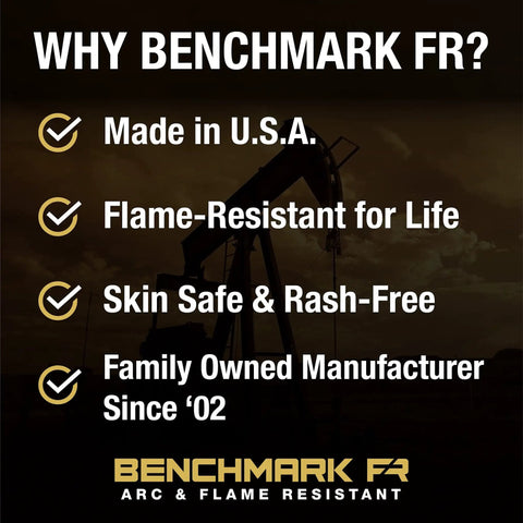 Promotional poster for Benchmark FR highlighting USA manufacturing, flame resistance, skin safety, and family ownership since 2002.