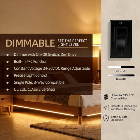 All In One Dimmer Switch And LED Driver For LED Strip Lights, UL Listed 24V 60W Slide Dimmer, Plug And Play Power Supply, Works With Single Pole Or 3 Way Circuits, 120VAC To 24VDC, Black Compact Space Saving Design installed on wall