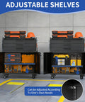 Three Foot Rolling Tool Cart With Lockable Swivel Casters Heavy Duty Three Drawer Storage Cabinet And Pegboard Organizer view of adjustable shelves.
