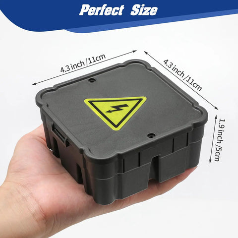 Open Splice Junction Box 1 Pack With Cover, DIY friendly quick install for open splices, shown in hand for size reference, flame retardant polypropylene, V0 rated.