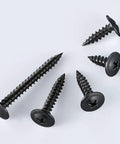 No Fuss Top Shelf Heavy Duty Workhorse Number 8 Black Truss Head Wood Screws assortment in various lengths on white background.