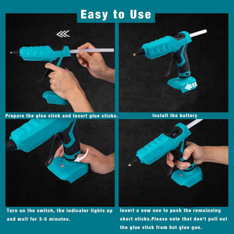 Instructions showing the use of a Cordless Hot Glue Gun Compatible With Makita 18V Battery Tool Only Full Size Workhorse.
