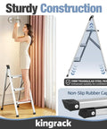 3 Step Aluminum Step Ladder Foldable For Home Use With Steel Frame Stable No Wobble Design Rust Resistant Coating 330 Lb Capacity Lightweight Yet Durable Perfect For Indoor Tasks And Quick Outdoor Fixes, shown with non-slip caps