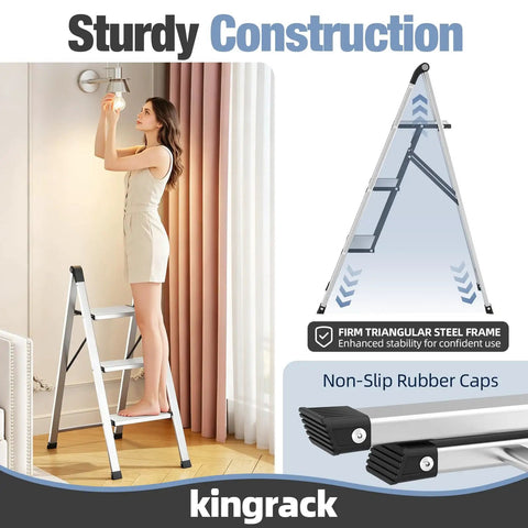3 Step Aluminum Step Ladder Foldable For Home Use With Steel Frame Stable No Wobble Design Rust Resistant Coating 330 Lb Capacity Lightweight Yet Durable Perfect For Indoor Tasks And Quick Outdoor Fixes, shown with non-slip caps