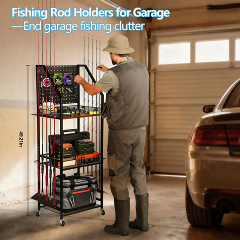 Heavy Duty Fishing Rod Storage Rack For Garage Organization Holds Up To 12 Rods With Pegboard And Hooks in garage setup