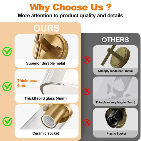 Comparison image highlighting features of Modern Brushed Gold Wall Sconces Set Of Two With Clear Glass Hardwired Adjustable Up Or Down Vanity Light Fixture For Bathroom Smooth Vibe Upgrade.