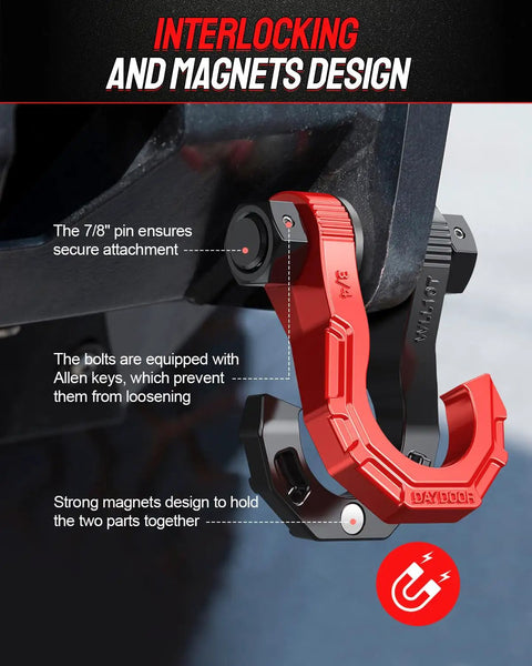 Three Quarters Inch D Ring Shackles With Snatch Block For Off Road Recovery And Heavy Duty Towing 45,000 Lbs Capacity Boosting Winch Power By Redirecting Load And Reducing Heat, interlocking magnets design
