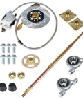Rear Axle Assembly Kit For 32 Inch Go Karts With Shaft Hub And Chain Brake Master Cylinder And 428 108L Chain Fits 6 To 10 Inch Wheels Beefy Heavy Duty Chrome Construction For ATV Quad Drift Trikes components displayed.