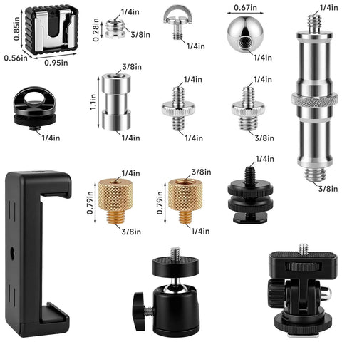 Camera Tripod Mount Kit 30 Piece Set With One Quarter Inch And Three Eighths Inch Adapters Includes Mini Ball Head Cold Shoe Mount Phone Holder Clamp Double End Screws And Other Mounting Gear For Photo And Video, assorted metal adapters