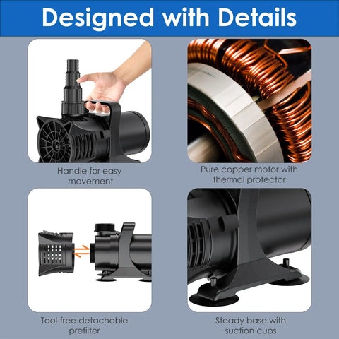 Beast 1800GPH Submersible Water Pump with copper motor, handle, prefilter, suction cups, ideal for ponds, fountains, waterfalls.