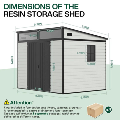 Diagram showing dimensions of 7x7x7 Ft Outdoor Resin Storage Shed With Floor Double Doors Sloped Roof Waterproof All Weather UV Resistant