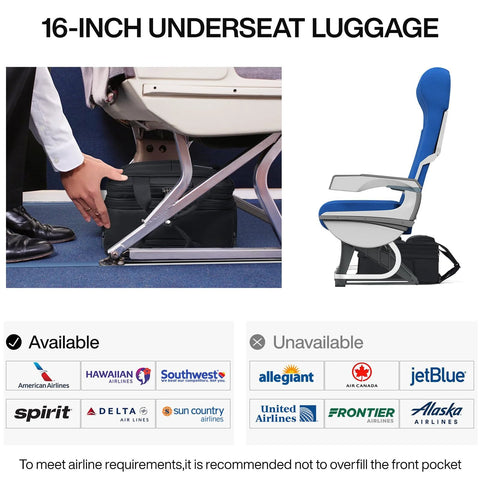 Hanke 16-inch underseat luggage, black softside carry-on with wheels; front and side views