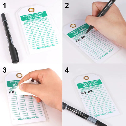 Heavy Duty Emergency Shower And Eye Wash Test Record Tags, Tough As Nails double sided tags being used for safety checks.