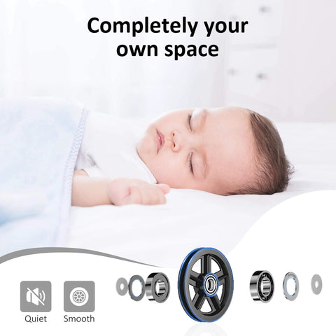 Sleeping baby next to Heavy Duty Sliding Barn Door Hardware Kit bypass wheel, highlighting quiet and smooth operation.