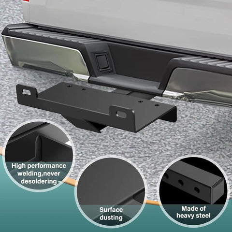 Beefy Winch Hitch Cradle Mount Plate With 2 Inch Receiver attached to truck, black powder-coated steel, heavy-duty design