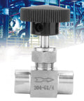 Stainless steel needle valve with black knurled knob; 1/4 in NPT female x 1/4 in NPT female, straight connection.