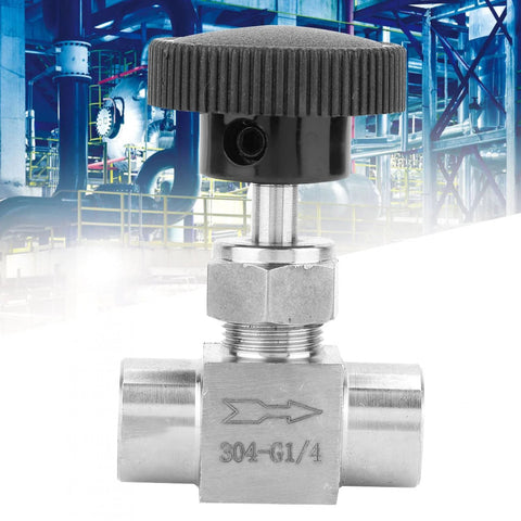 Stainless steel needle valve with black knurled knob; 1/4 in NPT female x 1/4 in NPT female, straight connection.