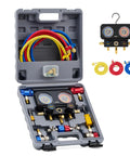 All In One AC Manifold Gauge Set With Five Foot Hoses For R1234YF R404A And R134A Three Way System For Quick A C Service With Self Sealing Can Taps And Quick Couplers, open case