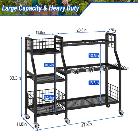 Heavy Duty Garden Tool Organizer On Wheels With Six Wheels Three Lockable And Two Baskets Large Metal Garage Tool Storage